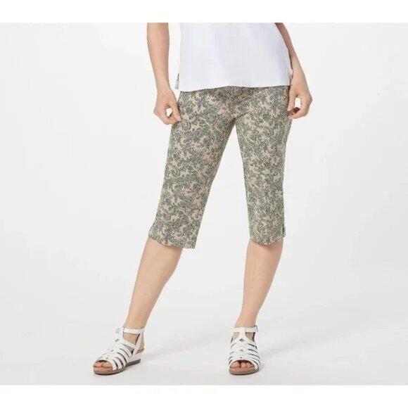 Isaac Mizrahi Live Tall 24/7 Stretch Printed Pedal Pushers 28 Tan Paisley NEW - Picture 1 of 5